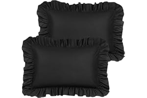 PiccoCasa Ruffled Pillow Shams Set of 2, Soft Breathable Pillow Covers with Envelope Closure, 100% Brushed Microfiber Pillow Case Queen Black