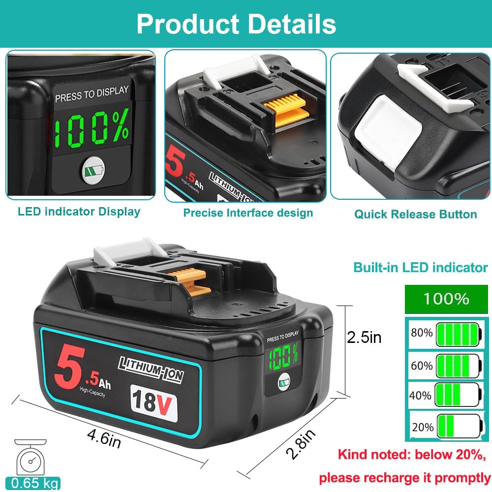 Powarobor 2 Stück BL1850B 18V 5,5Ah Li-ion Ersatz Akku mit DC18RC Ladegerät Starter Kit Kompatibel mit Makita 18V Akkus BL1860 BL1830 DC18RA DC18SD LXT-400 Elektrowerkzeuge 3