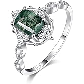 Angol Natural Moss Agate Ring 925 Sterling Silver Engagement Promise Ring for Women Jewelry Gifts (10, Silver)