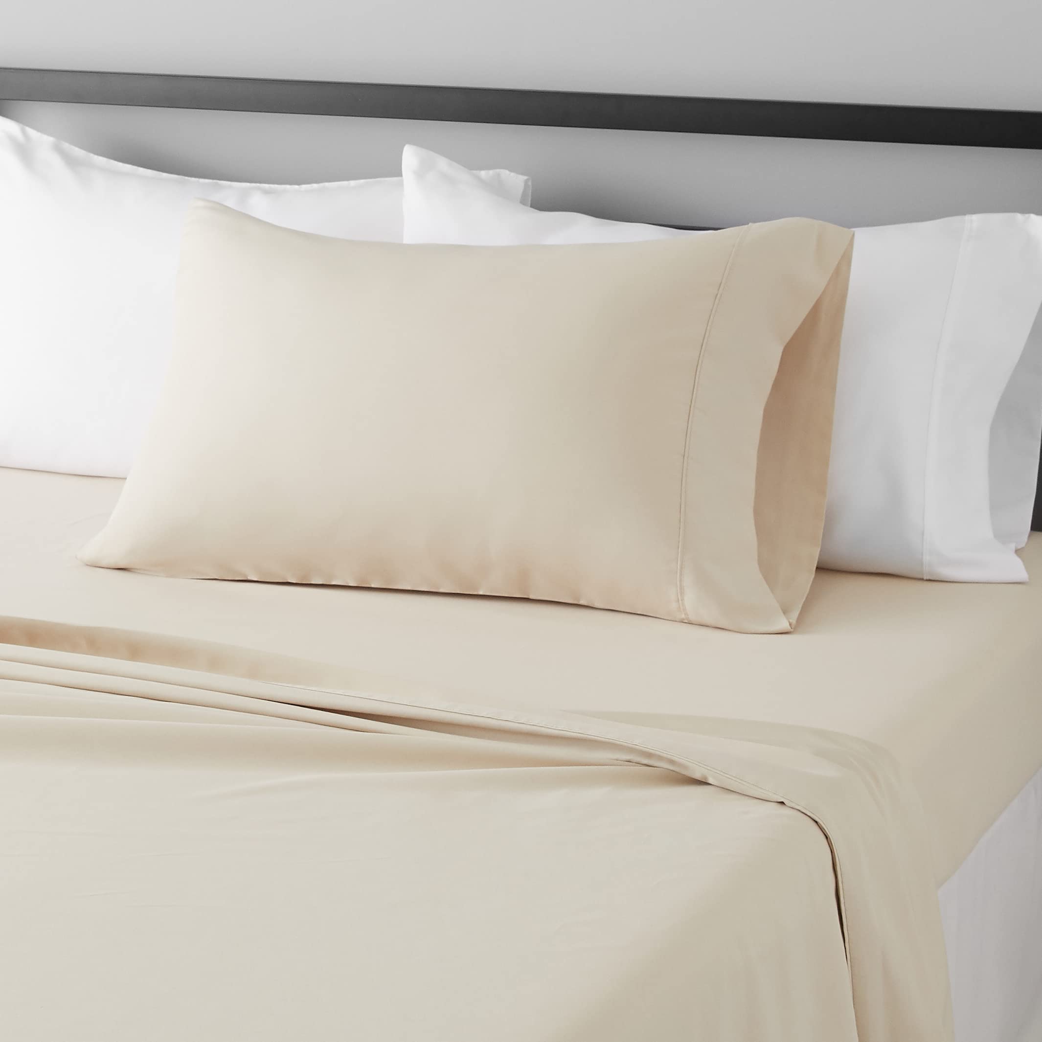 Photo 1 of Amazon Basics Lightweight Super Soft Easy Care Comfortable Microfiber 3 Piece Bed Sheet Set with 14-Inch Deep Pockets, Twin XL, Beige, Solid
