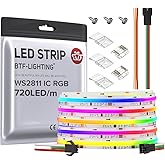 BTF-LIGHTING FCOB WS2811 IC RGB COB LED Strip DC24V 720LED/m 16.4FT Flexible High Density Uniform Chasing Color Light 20IC/m 12mm Width Light for Home Indoor Decor(No Adapter or Controller)