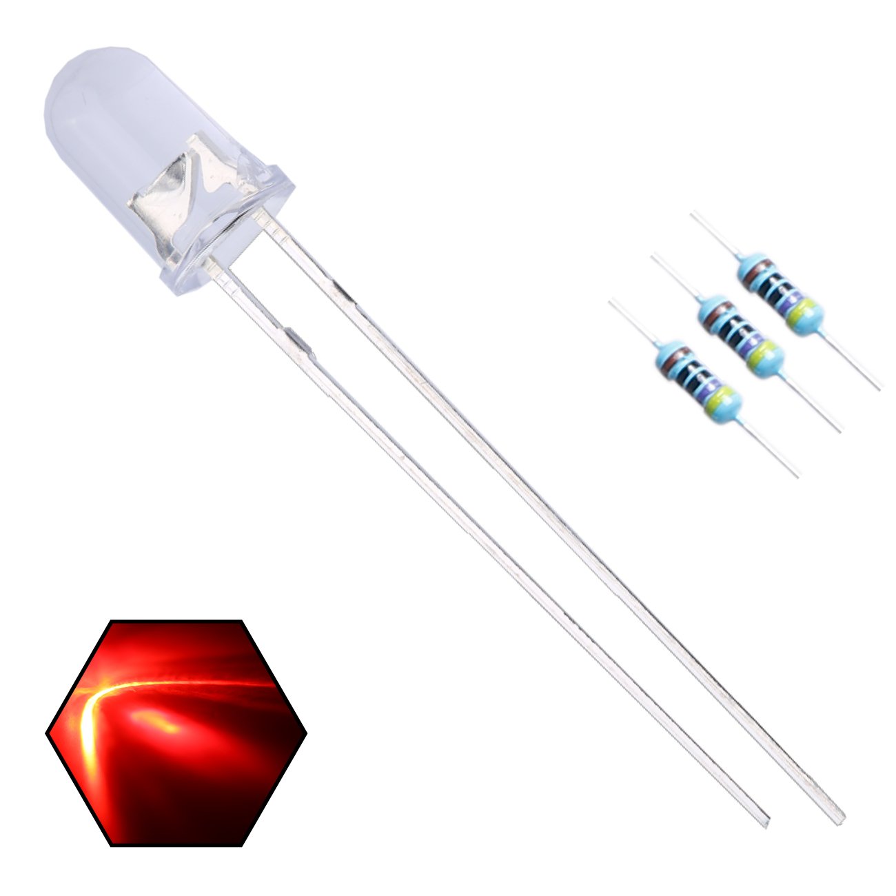 Photo 1 of EDGELEC 100pcs 5mm Red Lights LED Diodes Clear Round Lens 29mm Long Lead (DC 2V) +100pcs Resistors (for DC 6-12V) Included, Bright Bulb Lamps Light Emitting Diode