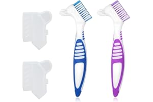 2 Pack Denture Brushes with Covers, Denture Cleaning Brushes Double Sided Denture Toothbrush, Rubber Anti-Slip Handle, Dentur