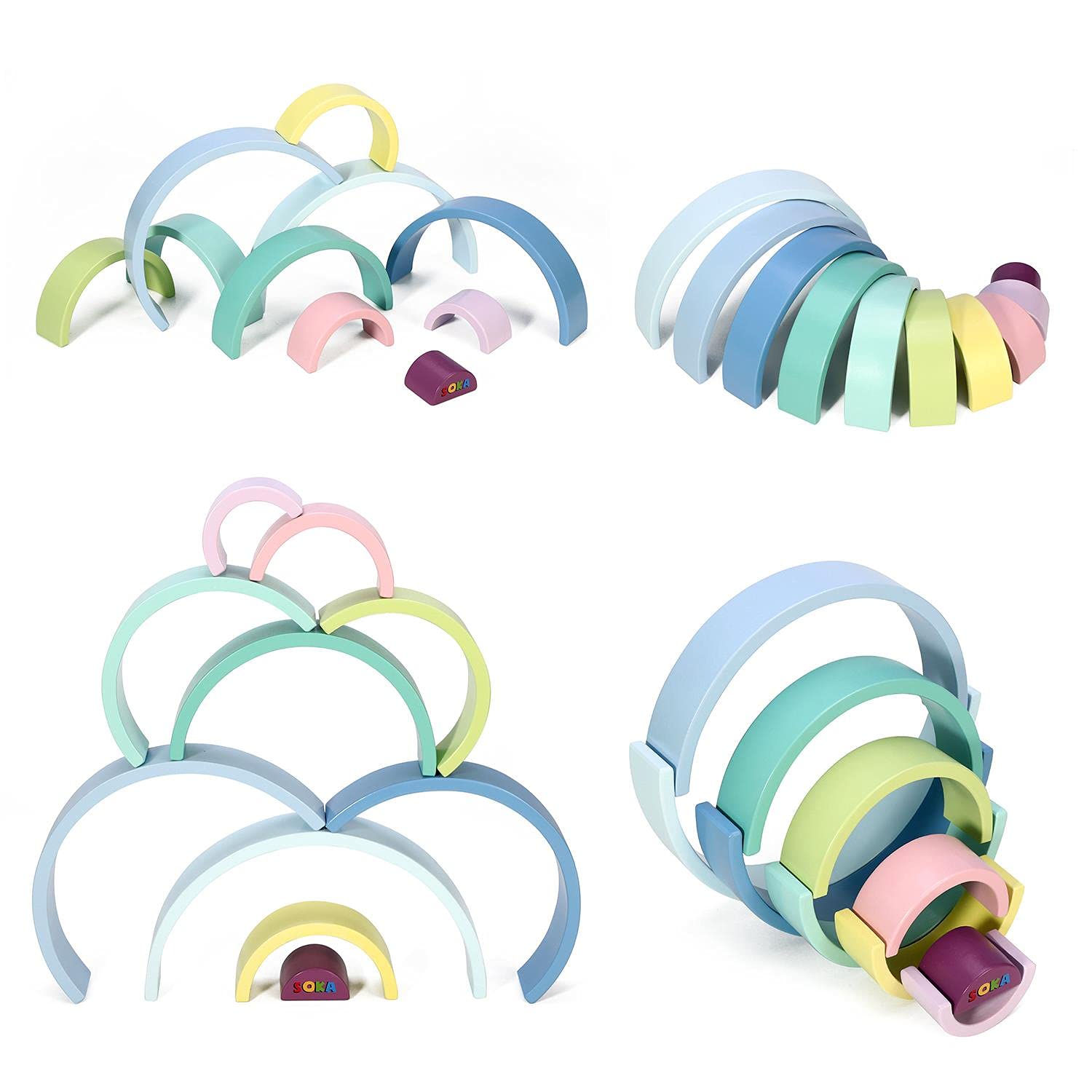 SOKA Wooden Pastel Rainbow Stacker Learning Toy Educational Creative Montessori Fun Building Blocks Puzzle Stacking Toy 10PCS Kids Children Boy Girl Ages 3 year old +