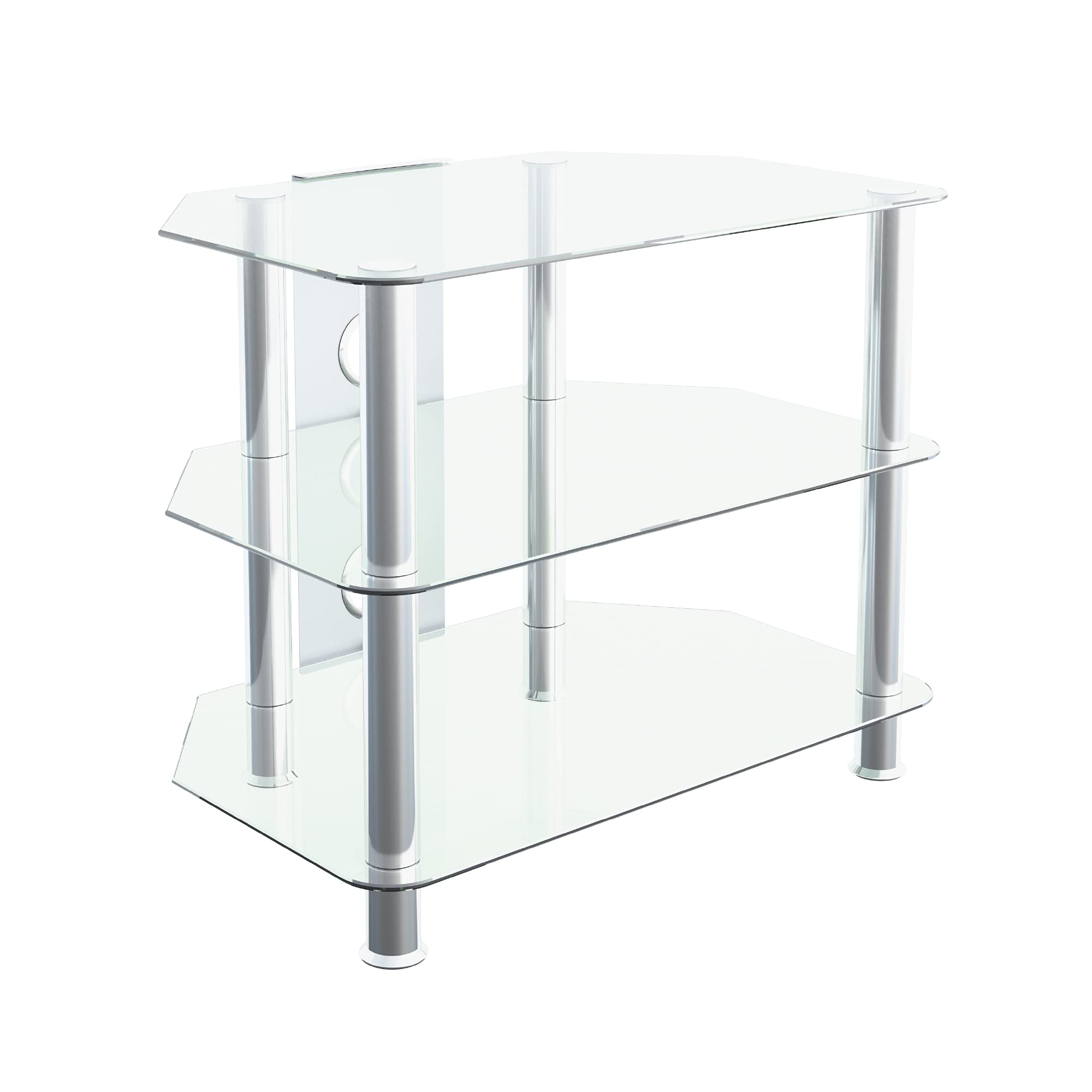 MAHARA Glass Corner TV Stand – Universal Clear TV Unit 60cm wide with Glass Shelves and Cable Management – TV Floor Stand Suitable for up to 32” TVs and Max Weight 35Kg