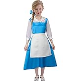 AMNPOLEN Kids Belle Halloween Costume Maid Blue Dress Outfit Girls Beauty Princess Village Cosplay Ball Gown Dress up Props