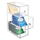mDesign Kitchen Storage Organizer for Tea Bags, Sugar, Salt, Sweeteners, Creamers - 3 Drawers, Clear