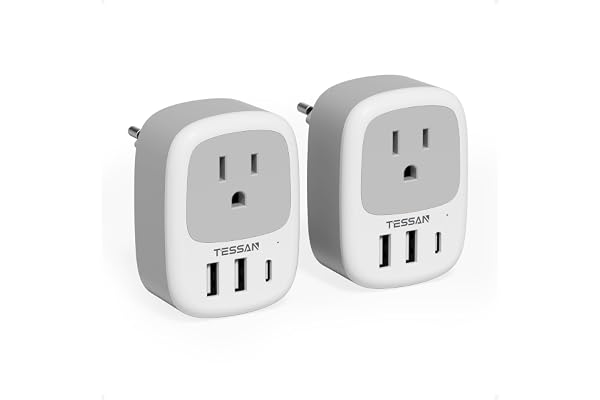 Canada to European Travel Adapter 2 Pack, TESSAN Plug Adaptor with 1 Outlet and 3 USB Ports(1 USB C), Type C Power Plug for M