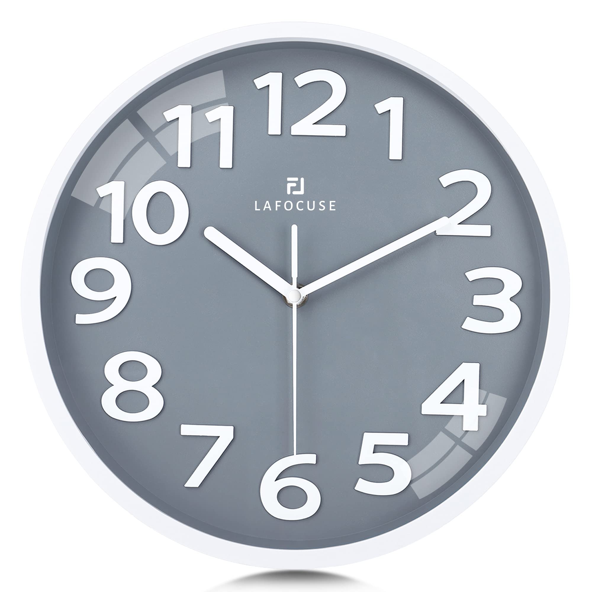 Lafocuse 12 Inch 3D Numbers Grey Wall Clock for Living Room Decor, Modern Wall Clock Kitchen Battery Operated Silent Non-Ticking Bedroom Home Office