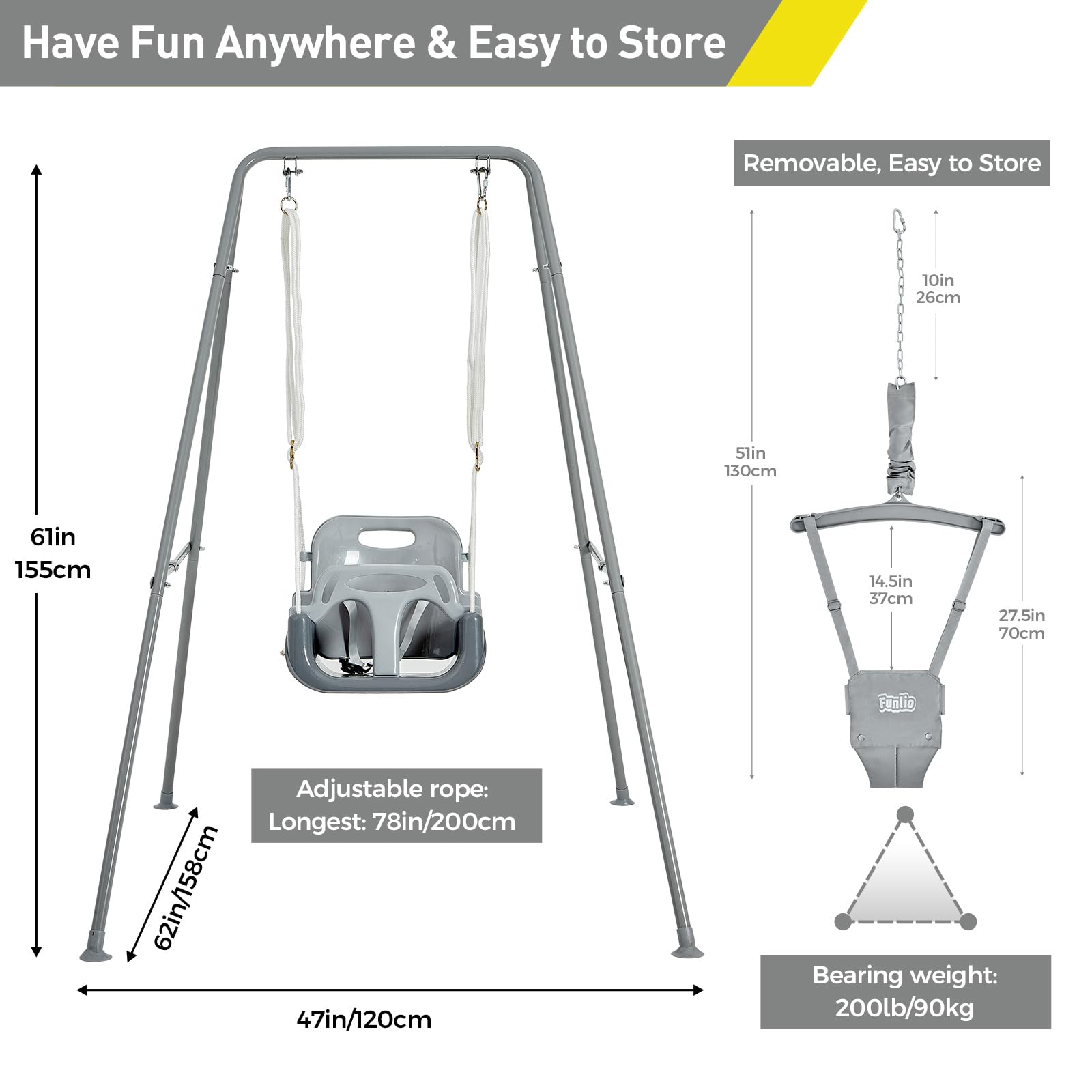 FUNLIO 2 in 1 Swing Set for Toddler & Baby Jumper, Heavy Duty Kids Swing & Bouncer with 4 Sandbags, Foldable Metal Stand for Indoor/Outdoor Play, Easy to Assemble and Store - Grey