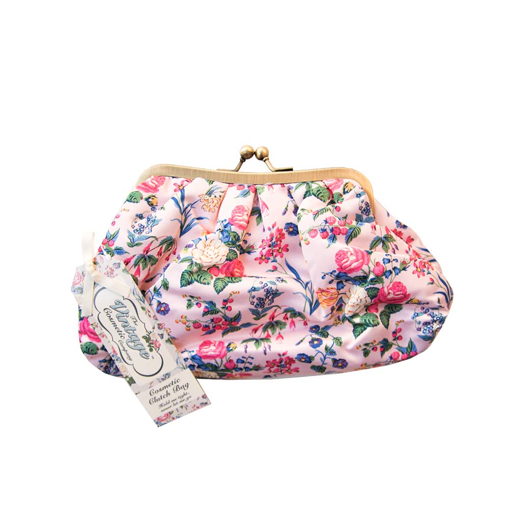 The Vintage Cosmetic Company Cosmetic Clutch Bag Pink Floral Satin
