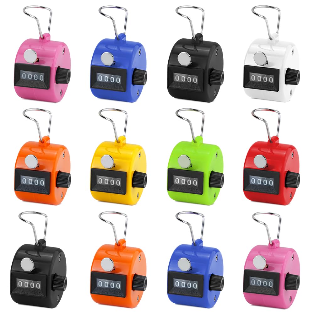 HUOMAQFAN Hand Tally Counter,Pack of 12 Hand Tally Counter,4 Digit Mechanical Palm Click Counter Count Clicker Assorted Color Hand Held Counter Clicker for Sport/Coach/Casino/Event/School/Training