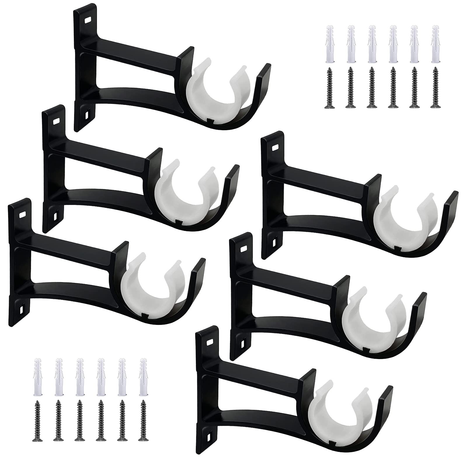 Curtain Pole Brackets, 1 Inch Black Heavy Duty Curtain Rod Bracket Metal Single Curtain Rod Holders for Wall Curtain Pole Holder Rail Support for 25mm-30mm Drapery Pole, Set of 6