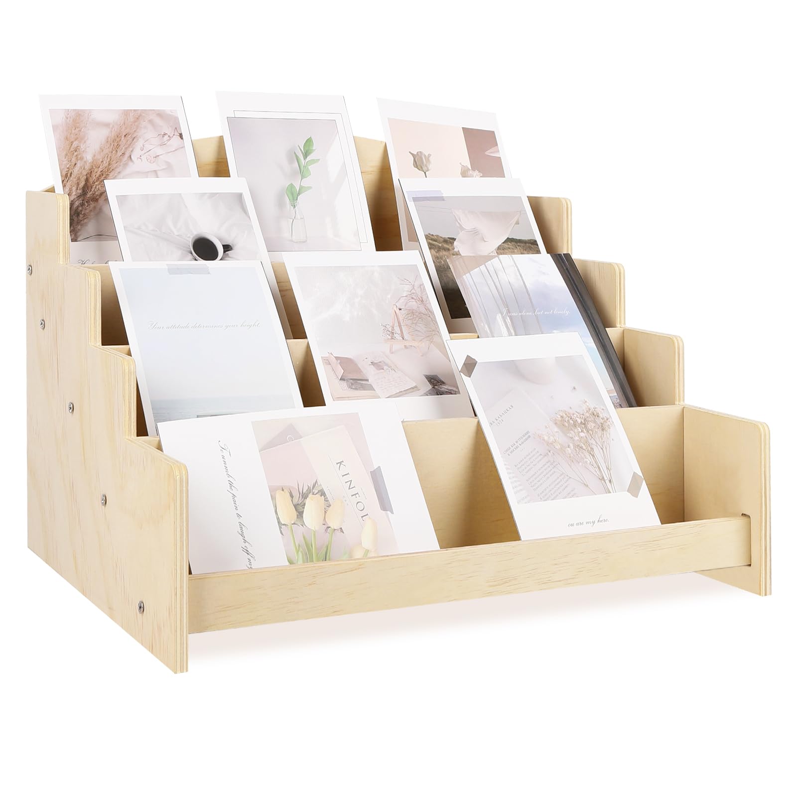 Photo 1 of Greeting Card Display Stand Holder - 4-Tier Wooden Organizer Rack for Retail Stores, Postcards, Essential Oil, Brochure, Stickers, Photos & Stationery Vendors (Burly wood)