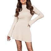 Saodimallsu Womens A Line Mini Sweater Dress Long Sleeve Bodycon Ribbed Knit Mock Neck Fall Short Dresses