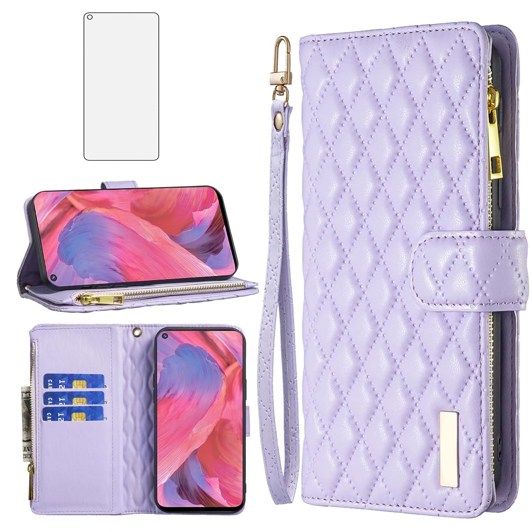 Asuwish Phone Case for OPPO A74 5G/A54 5G Wallet Cover with Tempered Glass Screen Protector and Leather Flip Credit Card Holder Stand Cell Accessories TPU Kickstand A93 5G/A93S 5G Women Girls Purple
