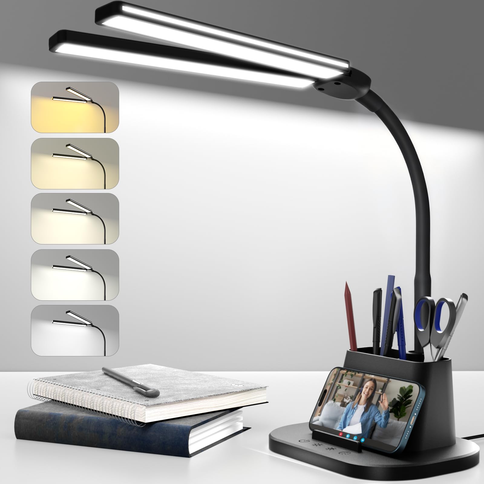 LED Desk Lamp, Eye-Caring Desk Light with Organized Base, 5 Color Modes & 5 Level Brightness, Adjustable Flexible Gooseneck Touch Lamp, Small Desk Lamp for Home Office, College Dorm Room Essentials Image