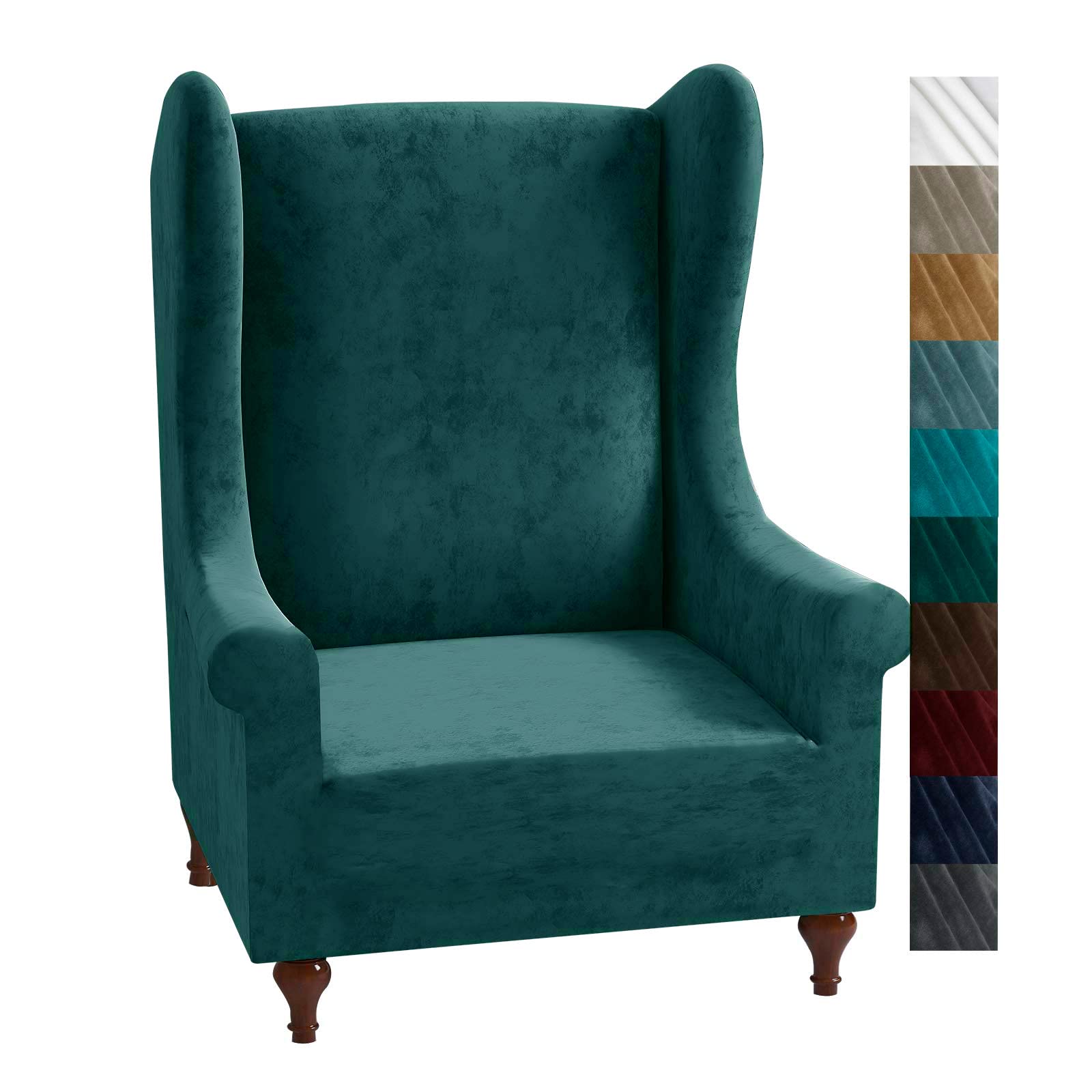 XINEAGE 1 Piece Velvet Wingback Chair Slipcover Stretch Wing Chair Cover Non Slip Furniture Protector with Foam Rods for Living Room (Wingback Chair, Blackish Green)