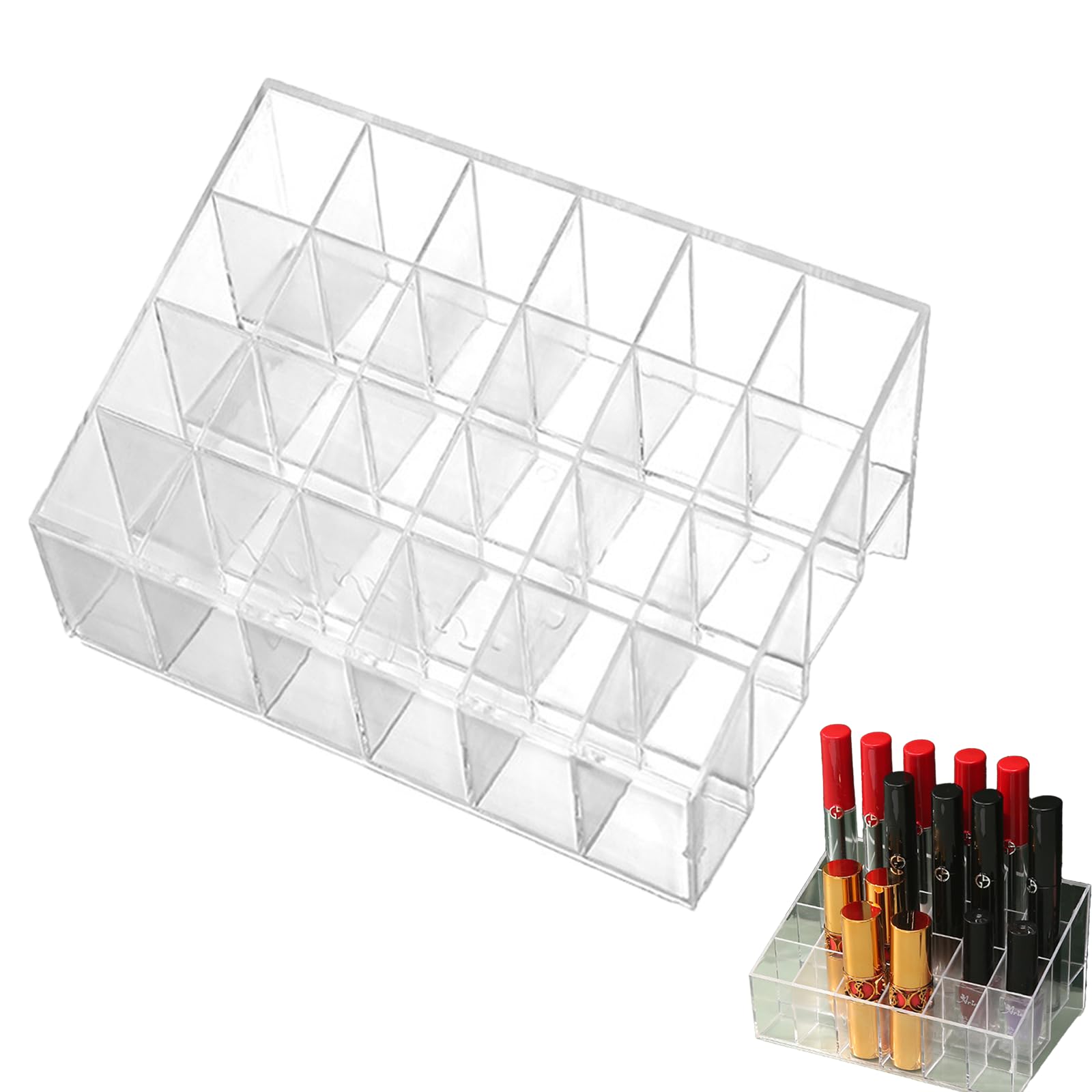 PeiDog Lipstick Holder, 24 Spaces Clear Acrylic Lipstick Organizer Cosmetic Makeup Organizer for Brushes, Bottles，Clear Case Display Rack Holder