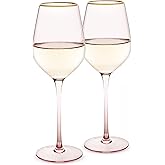 Twine Rose White Wine Glasses, Gold Rimmed Pink Tinted Crystal Wine Glass Set, Stemmed Wine Glasses, Set of 2, 14 Ounces
