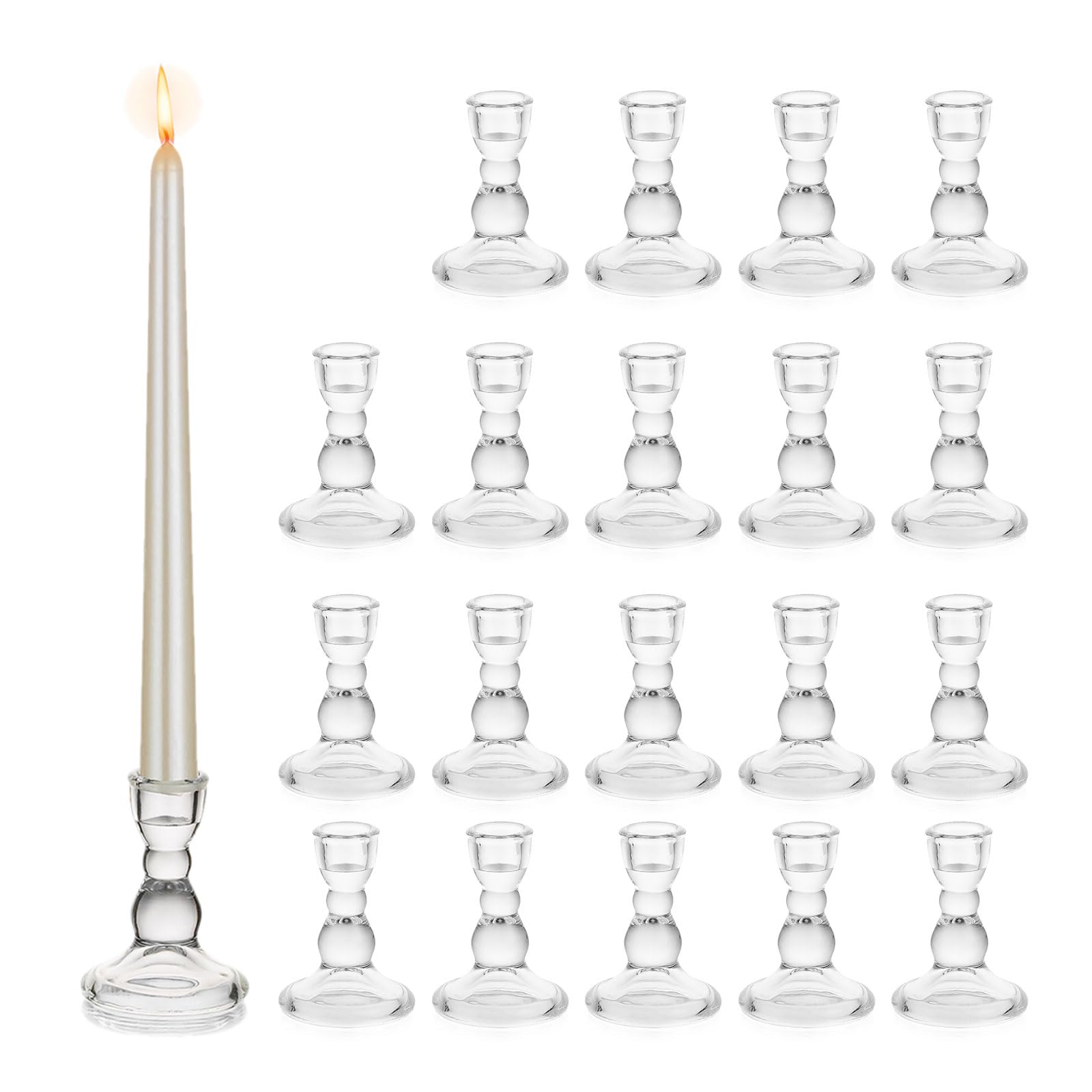 Glass Taper Candle Candlestick Holders, 20Pcs Glasseam Clear Candle Stick Holder Set Bulk Decorative Christmas Candlesticks Holder for Dining Table Centrepiece for Dinner Wedding Living Room
