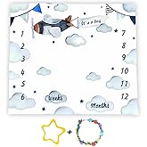 SSCSTS Airplane Baby Milestone Blanket for Boy Aircraft Pilot Photography Background, Cloud Sky Monthly Age Growth Chart with Frame, Vintage Baby Shower Newborn Mom Gifts 48x40in BTOKSS0178