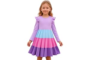 HILEELANG Girl Long Sleeve Dress Ruffle Rainbow Color Block Cotton Casual Tiered Pleated Twirly Dress