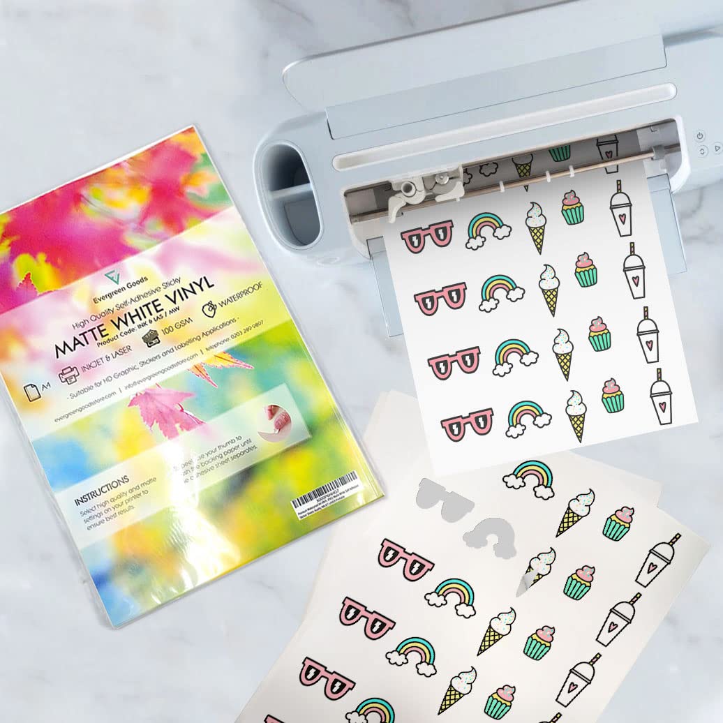 Evergreen Goods™ 20 Sheets Printable Sticker Vinyl for Cricut Cutters | MATTE WHITE A4 Waterproof | Inkjet & Laser Printing | Die Cutting/Plotting Machines - Silhouette Brother | Make Stickers at Home