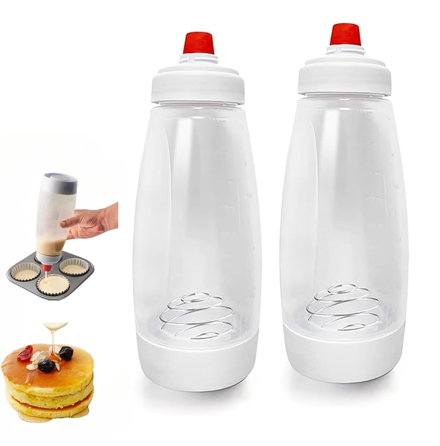 Photo 1 of 2 Pack Batter Mixer and Dispenser with Whisk Ball, 1000ml Silicone Squeeze Pancake Batter Dispenser and Mixer, Stand Base and Leak-proof Sealing Ring for Pancakes Crepes Waffle Muffins Cupcakes