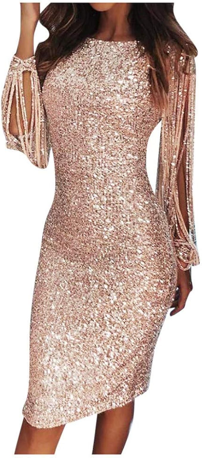 Damen Ballkleid Mit Pailletten - Maxikleid Kurzarm In Reinfarbe Für Party & Hochzeitsgast