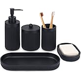 Bathroom Accessory Set 5Pcs-Lotion Soap Dispenser,Toothbrush Holder,Qtip Holder Dispenser,Vanity Tray and Soap Dish-Modern Bathroom Decor Vanity Countertop Organizer,Matte Black