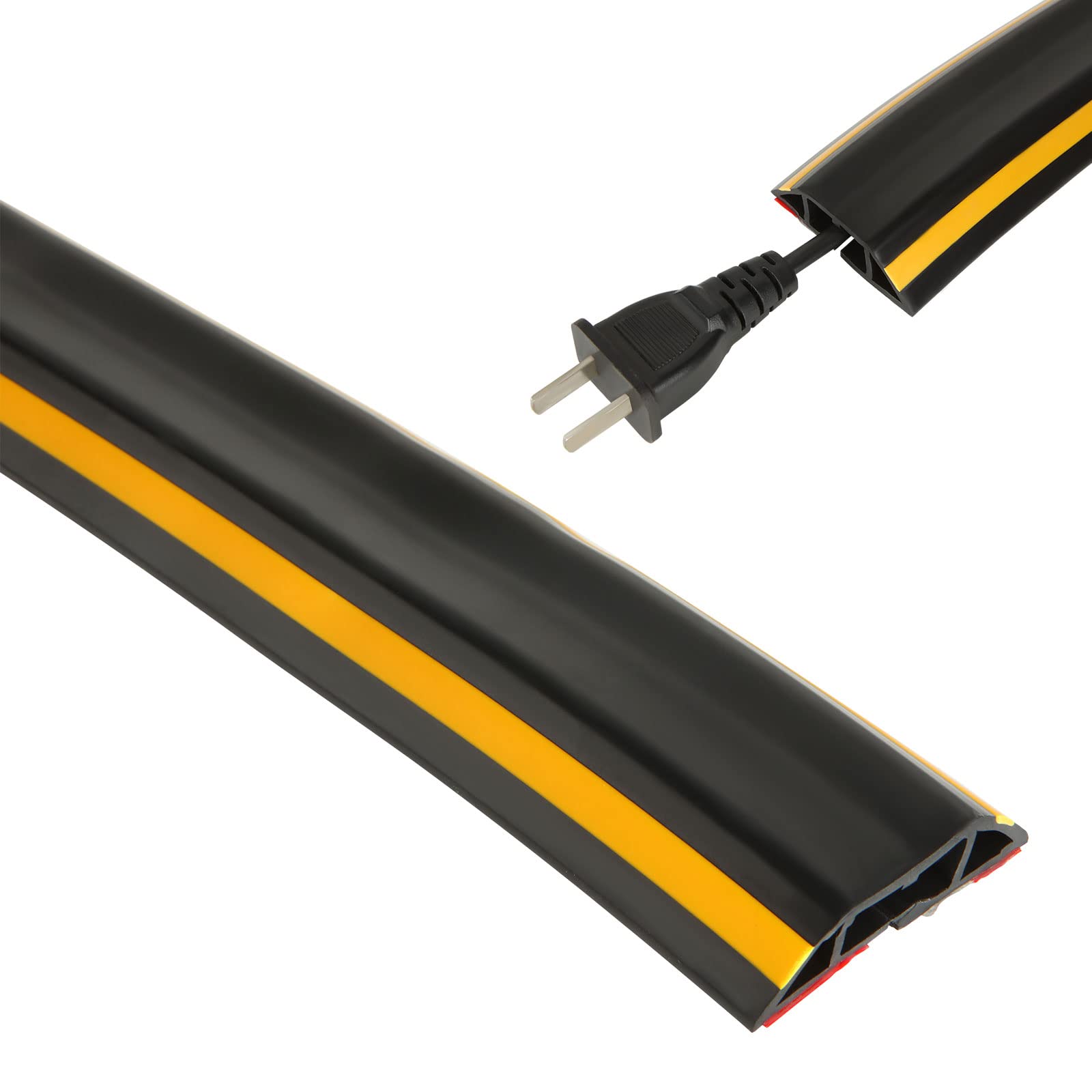 ZOFUN Self-adheisve Floor Cable Protector, 3M Black Rubber Wire Cover with Yellow Line for Visibility, Easy to Cut Animal Proof Rubber Cable Cover for Wire Floor Office Home Indoor Outdoor Workshop