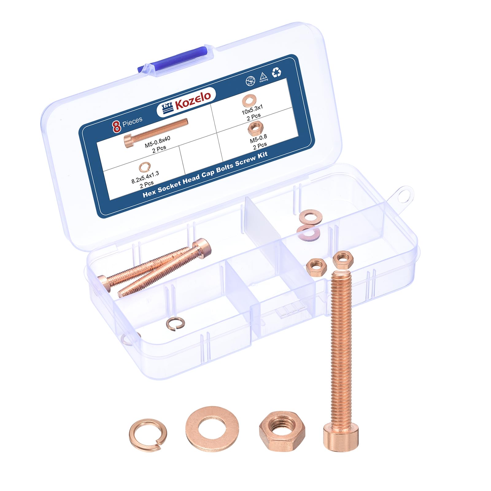Kozelo 8pcs M5 Socket Head Cap Screws Bolts Nuts Assortment Kit - [M5-0.8x40mm] Red Copper Fully Threaded Hex Screw for 3D Printer Use