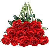 QSUKE 12PCS Red Artificial Silk Roses - Realistic Long Stem Fake Flower Bouquet for Wedding Party Home Centerpiece Decor (White)