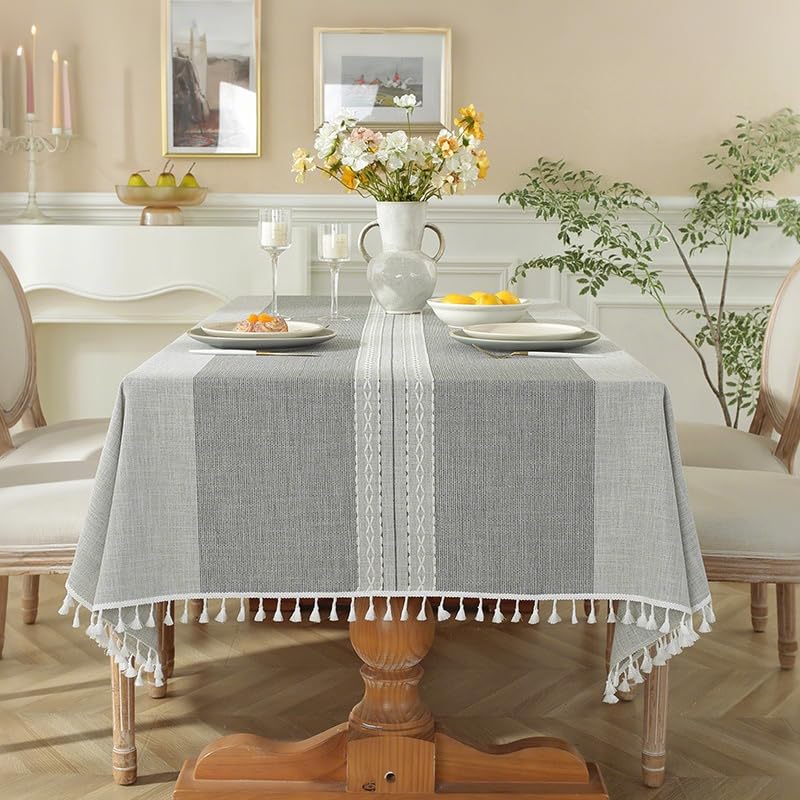 Lifetooler Table Cloths Rectangle Cotton Linen Tablecloth with Tassel Anti-Wrinkle Wipe Clean Tablecloth for Kitchen Dinning Party Tabletop Decoration(Grey, 55 x 87 inch)