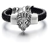 COOLSTEELANDBEYOND Braided Leather Bracelet for Mens with Stainless Steel Lion and Black Genuine Leather Straps