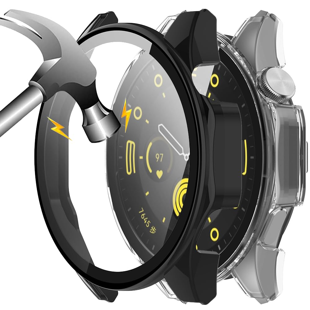 Akancy [2 Pieces Hard Case Compatible with Huawei Watch GT4 46 mm with Screen Protector, 9H Hardness Hard PC Tempered Glass Thin Case, Transparent Black