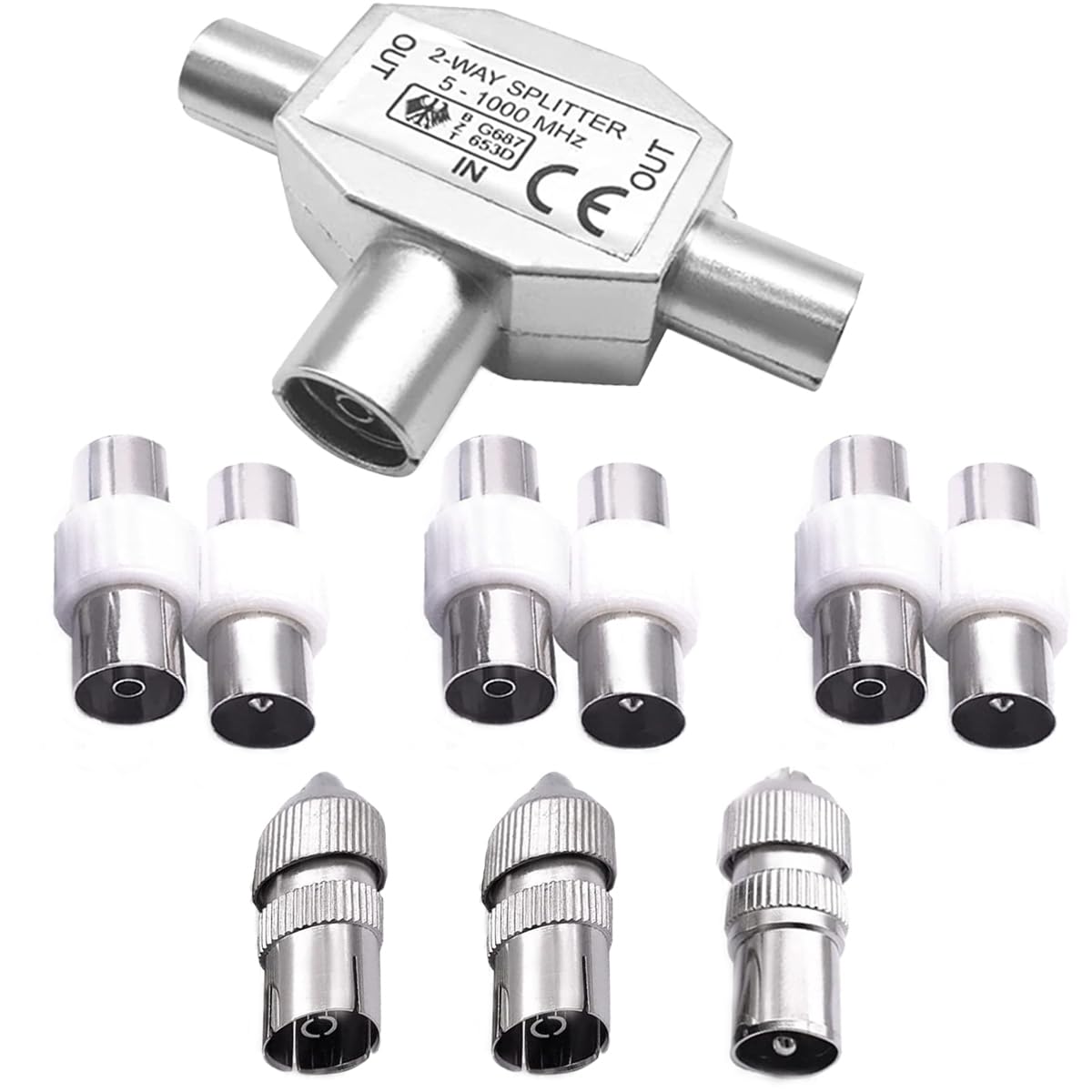 BJFITIFY TV Aerial Splitter 2 Way, Cable TV Coax Splitter 1 Female to 2 Male with Female and Male TV Aerial Connector Coaxial Digital Aerial Male to Male and Female to Female Aerial Connectors