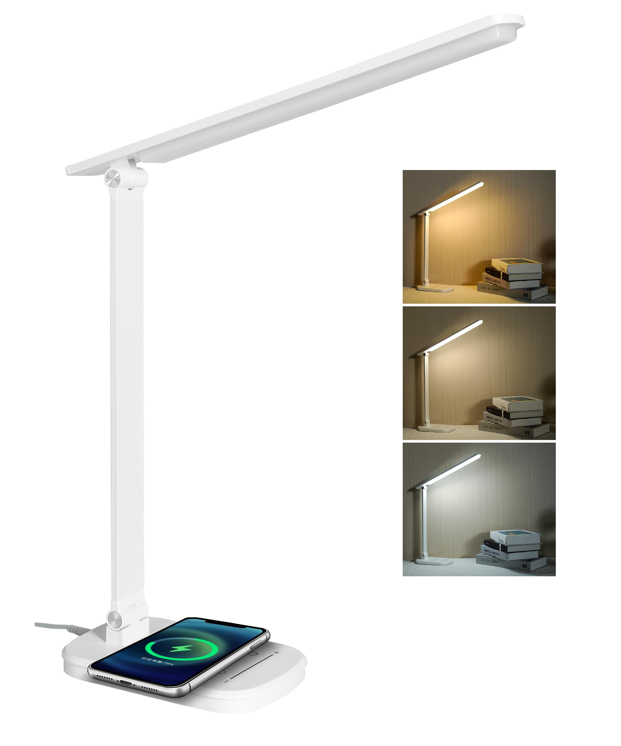Photo 1 of Faithorse LED Desk Lamp with Wireless Phone Charger, 21W Touch Control Dimmable Lamp, 5 Brightness and 3 Color Modes, Powered via DC Charging Cable (White)