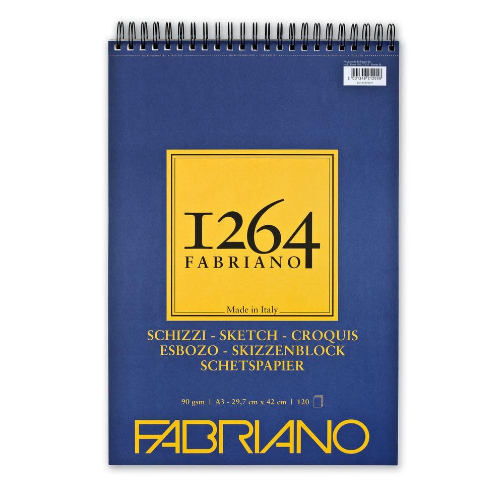 Honsell Fabriano Schizzi 1264 19100639 Sketch Paper with Spiral Head, 90 g/m², DIN A3, 120 Sheets Ivory White, Acid Lightly Grained for All Drying Techniques