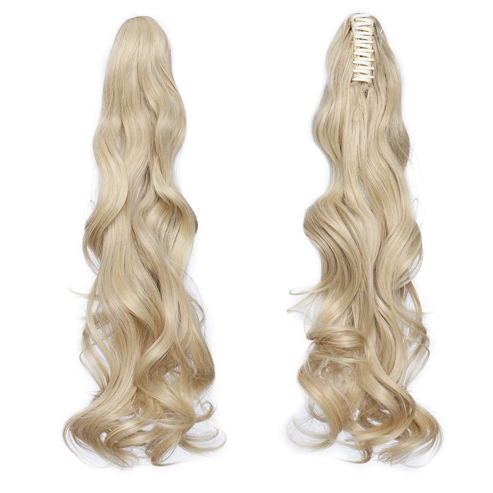 Silk-co Ponytail Hair Extension Claw on Pony Tail Clip in Hairpiece Synthetic Wavy Curly Bandage Hair Extensions - 24" [Golden&Bleach Blond]