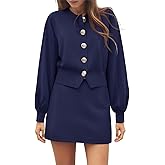 Tankaneo Womens Skirt 2 Piece Sweater Set Crewneck Button Up Cardigan Mini Skirt Trendy Casual Lounge Sets