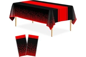LIKAJON 2 Pack Black and Red Tablecloth Party Decorations Plastic Black Tablecloth Printed Red Table Runner 54 x108 Inch Disposable Rectangle Table Cover for Birthday Wedding Graduation Anniversary