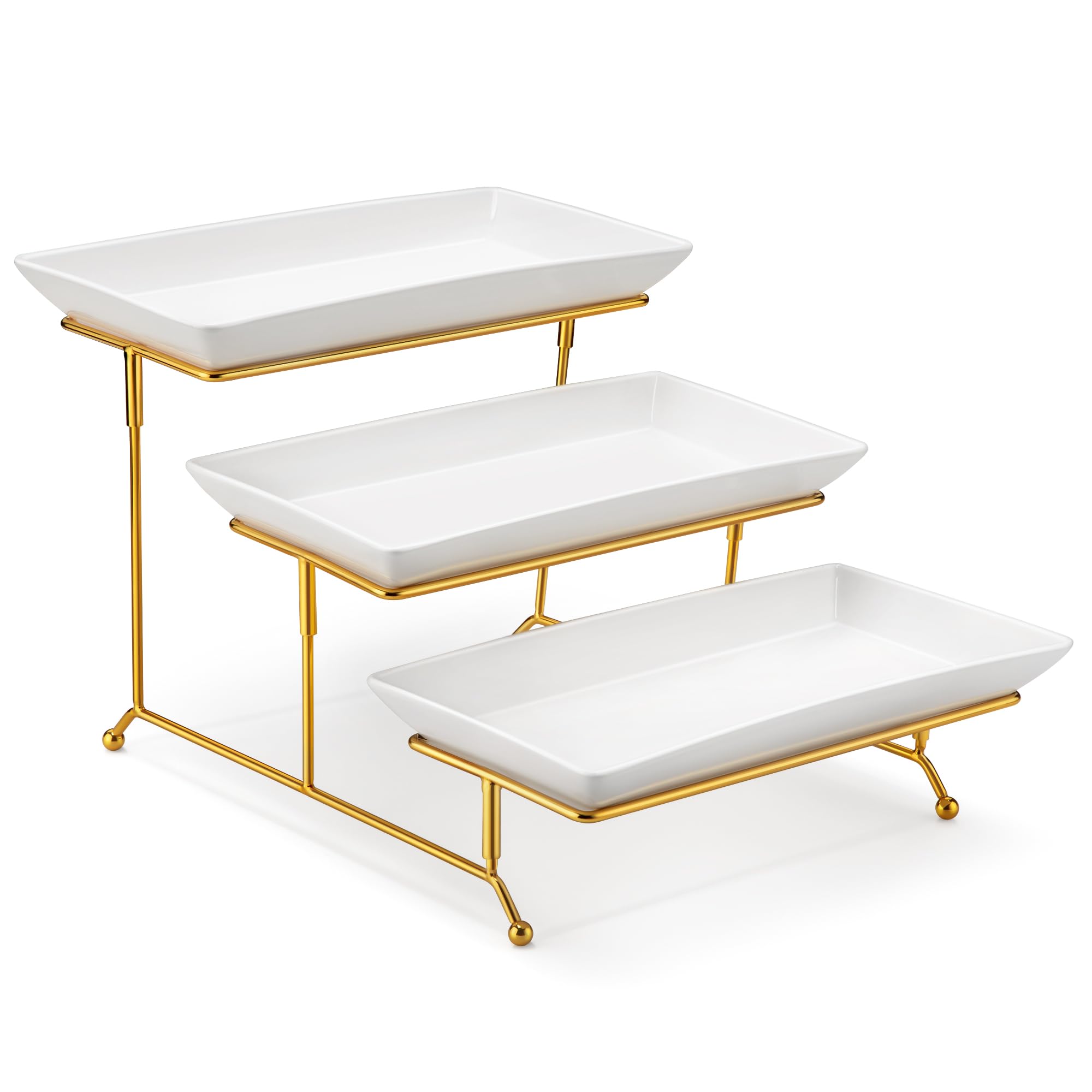 Photo 1 of MALACASA 3 Tier Serving Trays for Party, 12 Inch Porcelain White Trays for Serving Food, Dessert Stand with Collapsible Gold Metal Rack