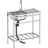 Vivrhintty Free Standing Kitchen Utility Sink with Workbench &amp; Accessory Set, Stainless Steel Sink for Commercial, Outdoor,Garage, Laundry Room Use (29.52"D x 15.74"W x 29.52"H)