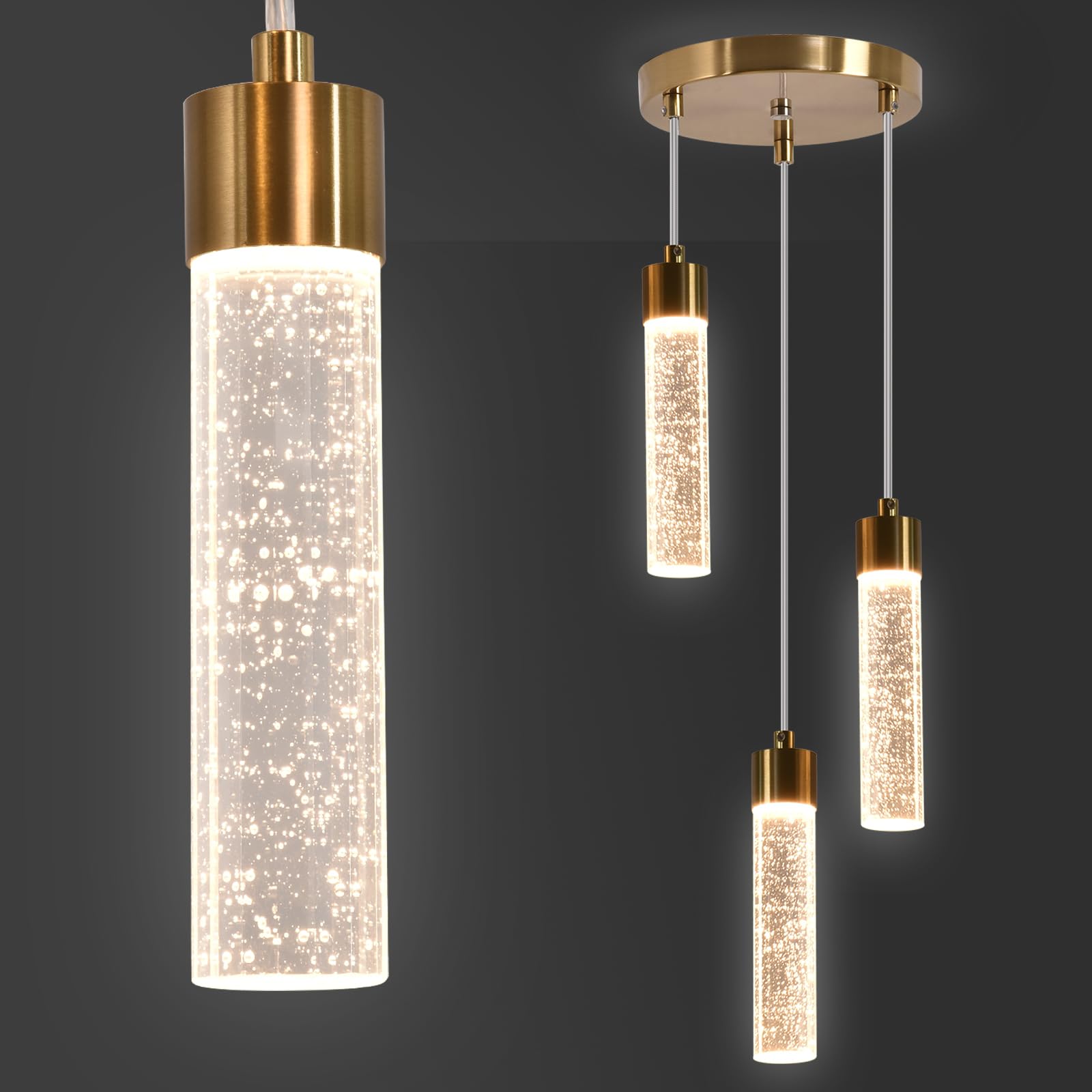 Photo 1 of Apsekoka Crystal Pendant Lights Kitchen Island, 3-Lights Modern Pendant Lighting Fixtures, Gold Island Light for Kitchen, LED Pendant Lighting, Pendant Lights Dinning Room with Crystal Bubble Glass