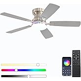 Ayaoty Ceiling Fans with Lights, 48 inch Low Profile Ceiling Fan with Light and Remote Control, Flush Mount RGB Dimmable Light, Noiseless, Nickel Ceiling Fan for Bedroom Indoor/Outdoor Use