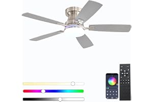 Ayaoty Ceiling Fans with Lights, 48 inch Low Profile Ceiling Fan with Light and Remote Control, Flush Mount RGB Dimmable Light, Noiseless, Nickel Ceiling Fan for Bedroom Indoor/Outdoor Use