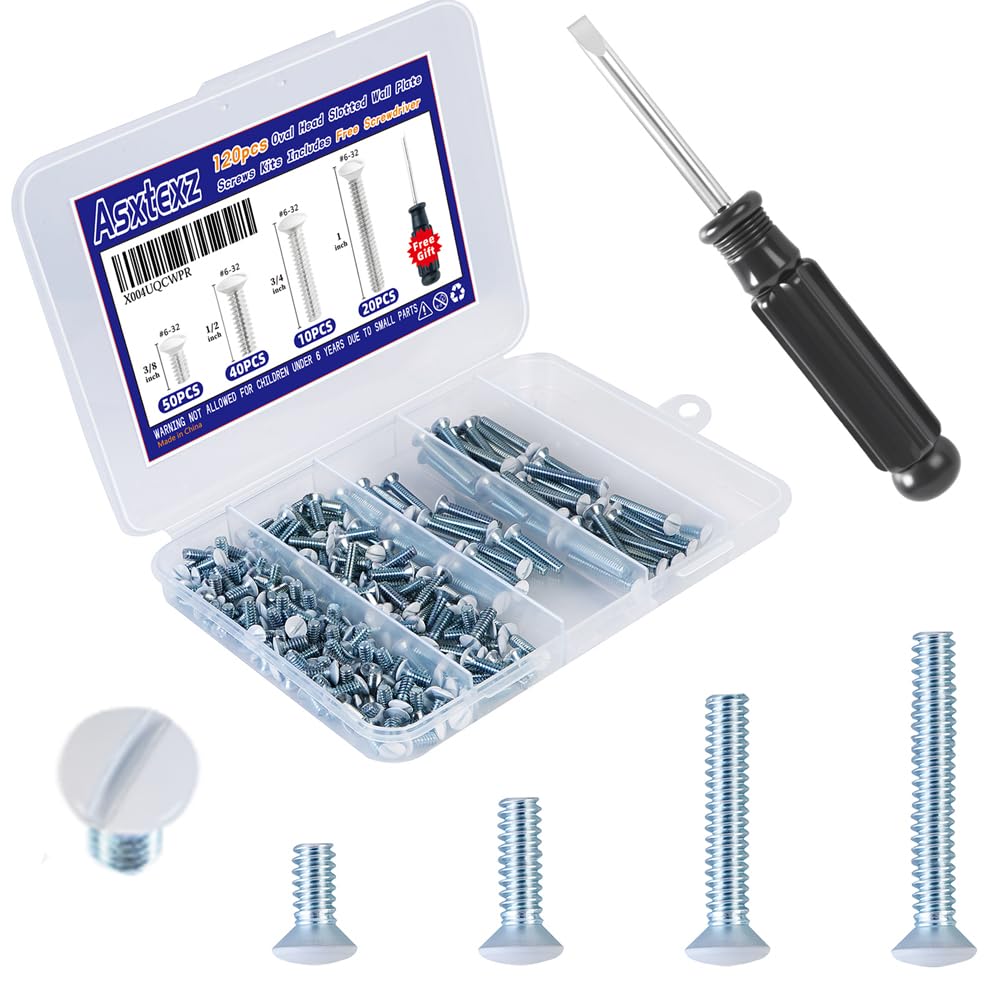 Photo 1 of 120PCS Wall Plate Screws White, Outlet Cover Screws for Switch Plate, 6/32 Electrical Outlet Screws for Light Switch Plates,Electrical Panel, 4 Sizes (3/8",1/2",3/4",1") Screws Kit w/Free Screwdriver