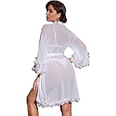 OYOANGLE Women's Mesh Sheer Appliques Trumpet Floral Sleeve Belted Sleep Robe Bridal Wedding Lingerie